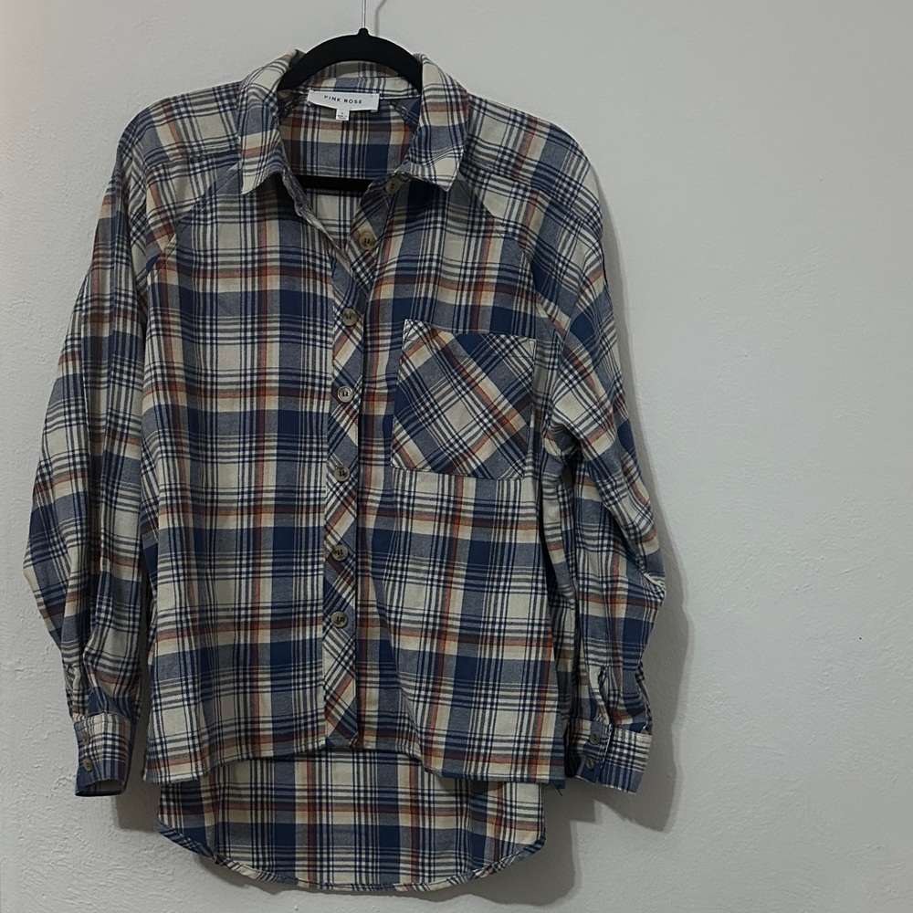 PINK ROSE High-Low Plaid Soft Flannel Button Up